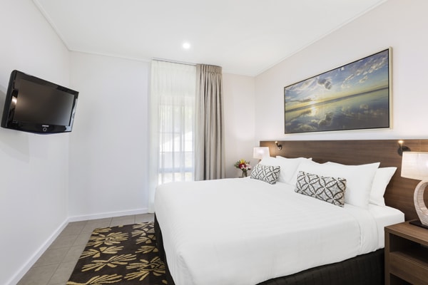 big TV with Foxtel in air conditioned 1 Bedroom Apartment with free Wi-Fi connection at Oaks Cable Beach Sanctuary in Broome, Western Australia
