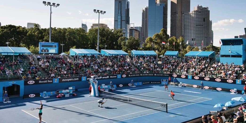Australian Open Tennis field with Melbourne skyline