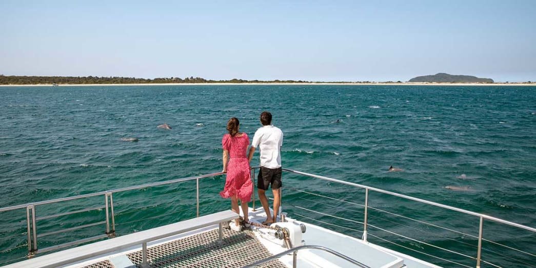 Couple whale watching at the Moonshadow Cruises Port Stephens New South Wales