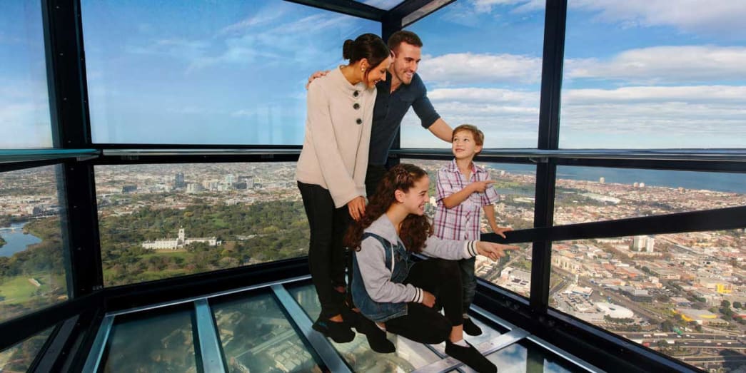 A family gets to experience Melbourne Skydeck’s The Edge with transparent glass cube gives visitors stellar 360-views of the sprawling Melbourne