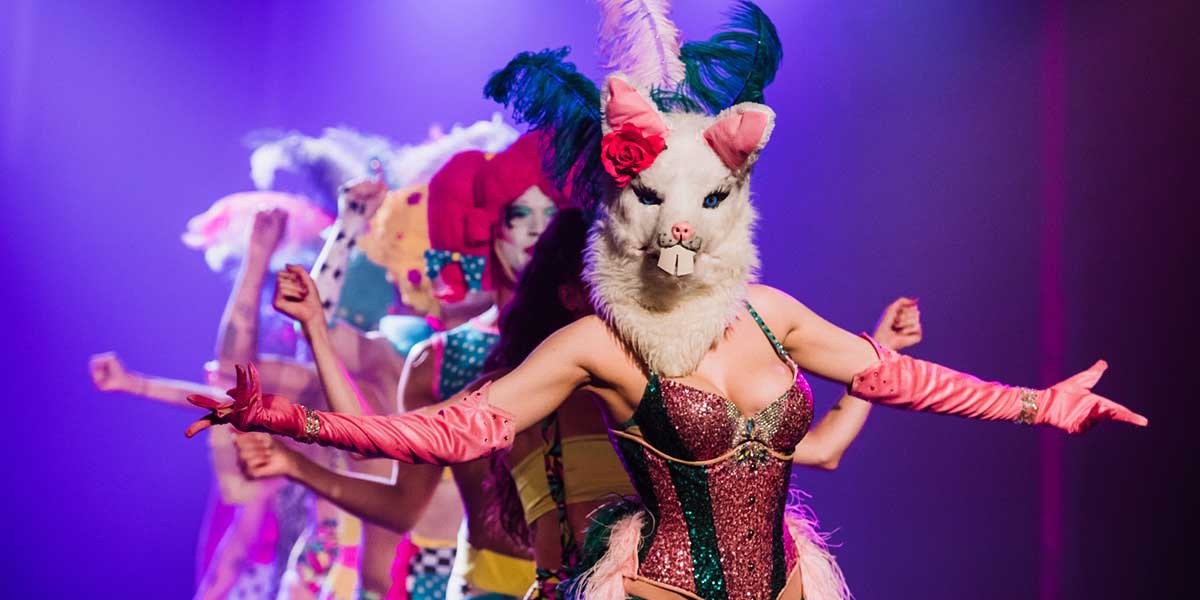 At the Adelaide Fringe Festival with lively and colourful perfomers on the stage