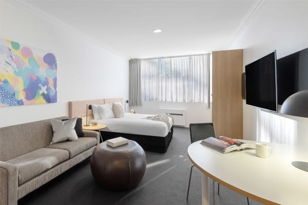 Studio Bedroom, living area and desk.