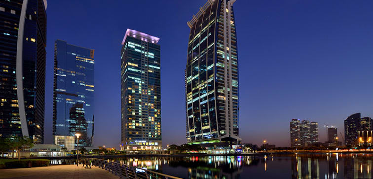 aerial view of Dubai skyline at dusk during summer in United Arab Emirates