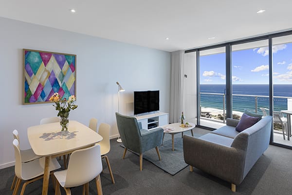2 Bedroom Broadbeach hotel Ocean View Suite Living Room TV at AVANI Broadbeach Gold Coast Hotel