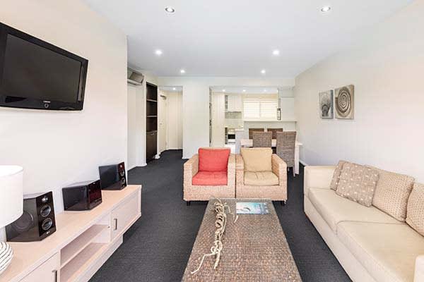 air conditioned living room area at port stephens resort