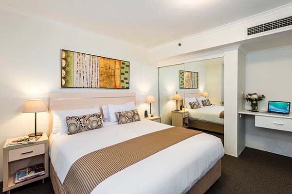 Sydney city hotels studio accommodation with large wardrobe, full-length mirror and work space for business travellers visiting Sydney city centre