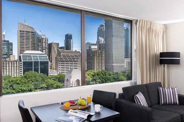 Studio Executive hotel room with views of Hyde Park perfect for corporate travellers on a business trip to Sydney