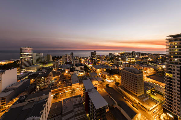 view of Darwin Harbour and ocean at sunset from Oaks Elan Darwin hotel 1 bedroom balcony