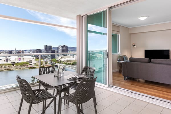 Balcony overlooking Brisbane river at Oaks Brisbane Casino Tower Suites  1 Bedroom Executive  connected to the living room