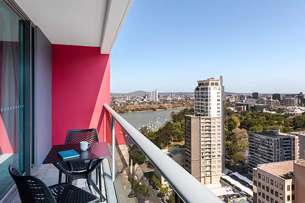 Oaks Brisbane Felix Suites 1 Bed Apartment Balcony with River and City View 