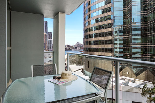 Oaks Brisbane Felix Suites 2 Bed Apartment Balcony with city view 