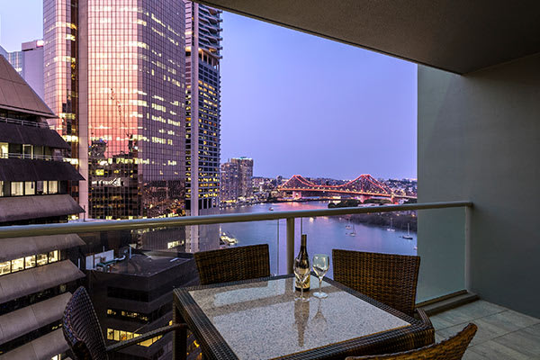 Oaks Brisbane on Felix Suites 2 Bedroom Story Bridge View Balcony at night 