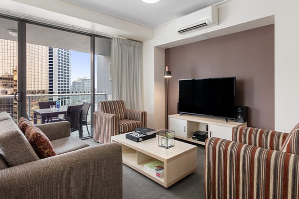 Oaks Brisbane on Felix Suites 2 Bedroom Story Bridge View Living Room and Balcony with nice city view 