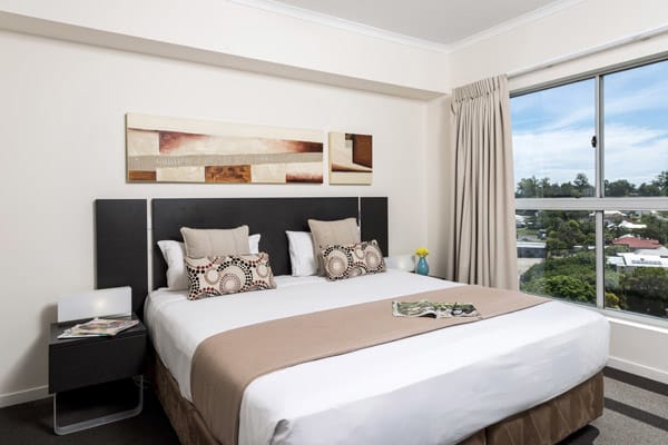 Oaks Aspire hotel air conditioned 1 bedroom apartment with large windows in Ipswich, Queensland