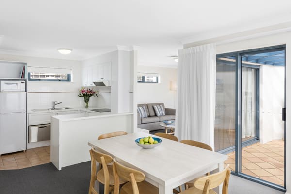 air conditioned two bedroom apartment with open plan living room leading to balcony with ocean views on Gold Coast, Australia