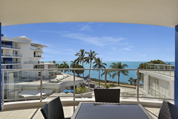 Big balcony with ocean views in Hervey Bay resort 3 bedroom holiday apartment