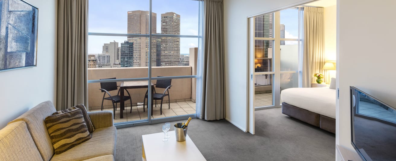 air conditioned studio apartment with Wi-Fi, TV, Foxtel and private balcony outside at Oaks on Lonsdale hotel, Melbourne city, Victoria, Australia