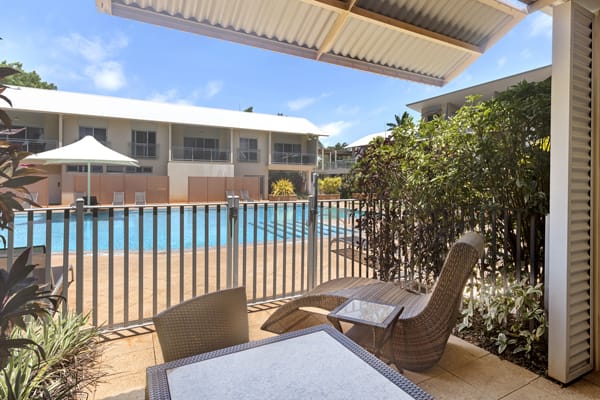 small private courtyard on ground level of Oaks Broome hotel outside 2 bedroom hotel apartment with swimming pool in Western Australia