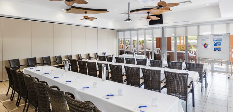 air conditioned conference venue for hire with whiteboard, ceiling fans and surround sound for speakers in Broome, Western Australia