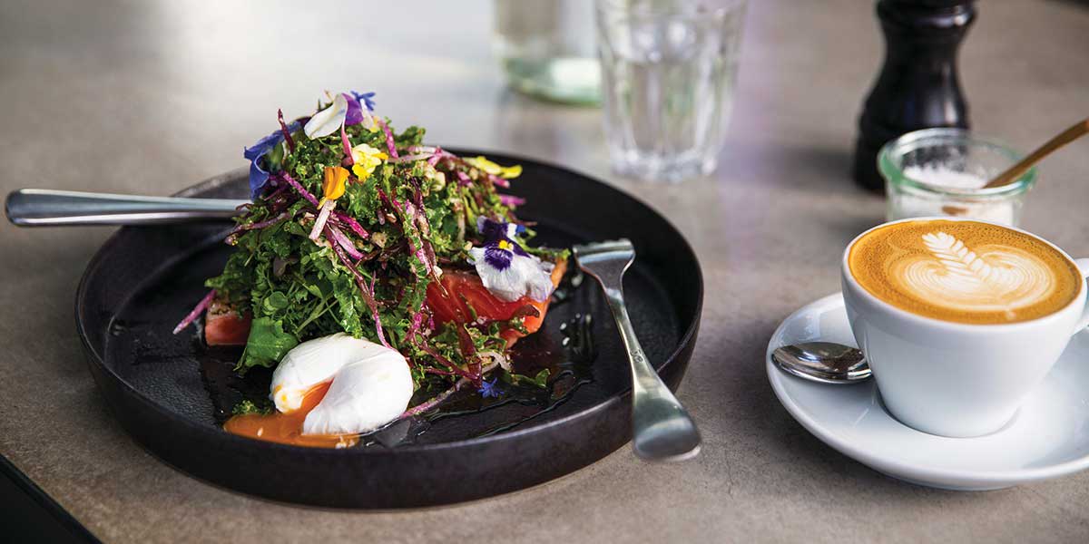 Instagram-worthy dish at The Kettle Black with hot coffee on the side 