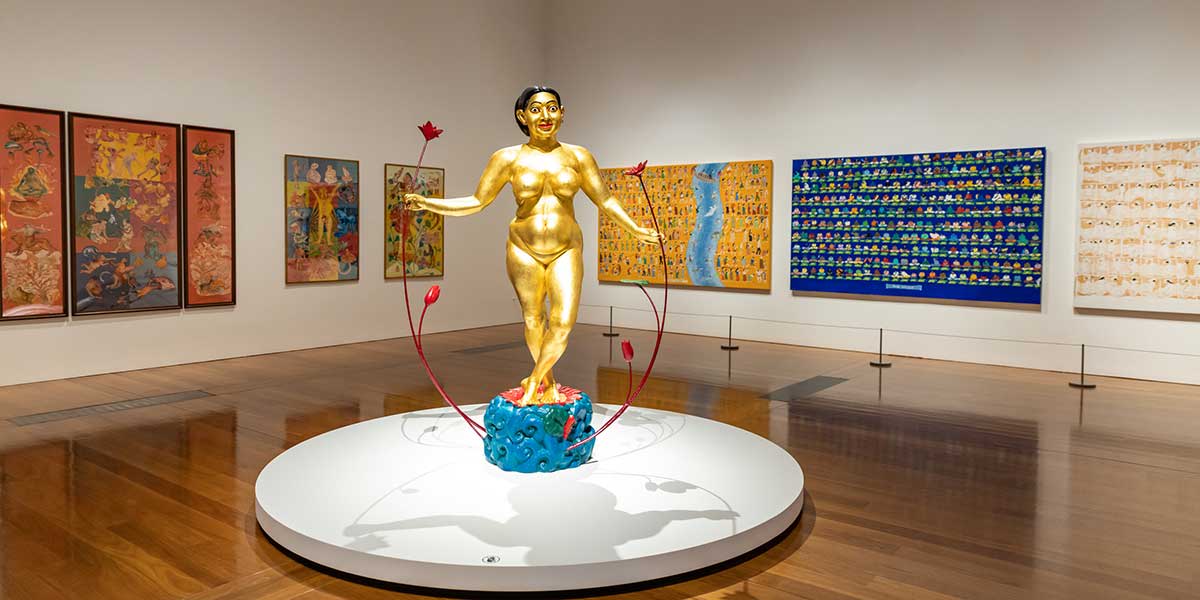 A golden human display at the QAGOMA Queensland Art Gallery in Brisbane
