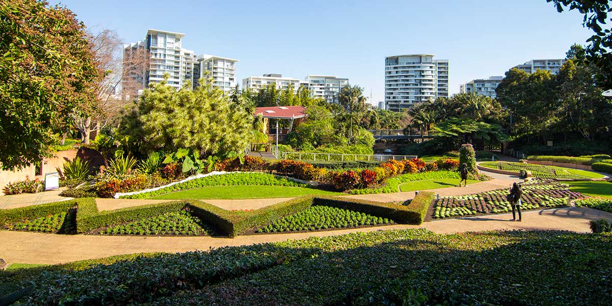 Roma Street Parklands' full of lush gardens on a sunny afternoon in Brisbane
