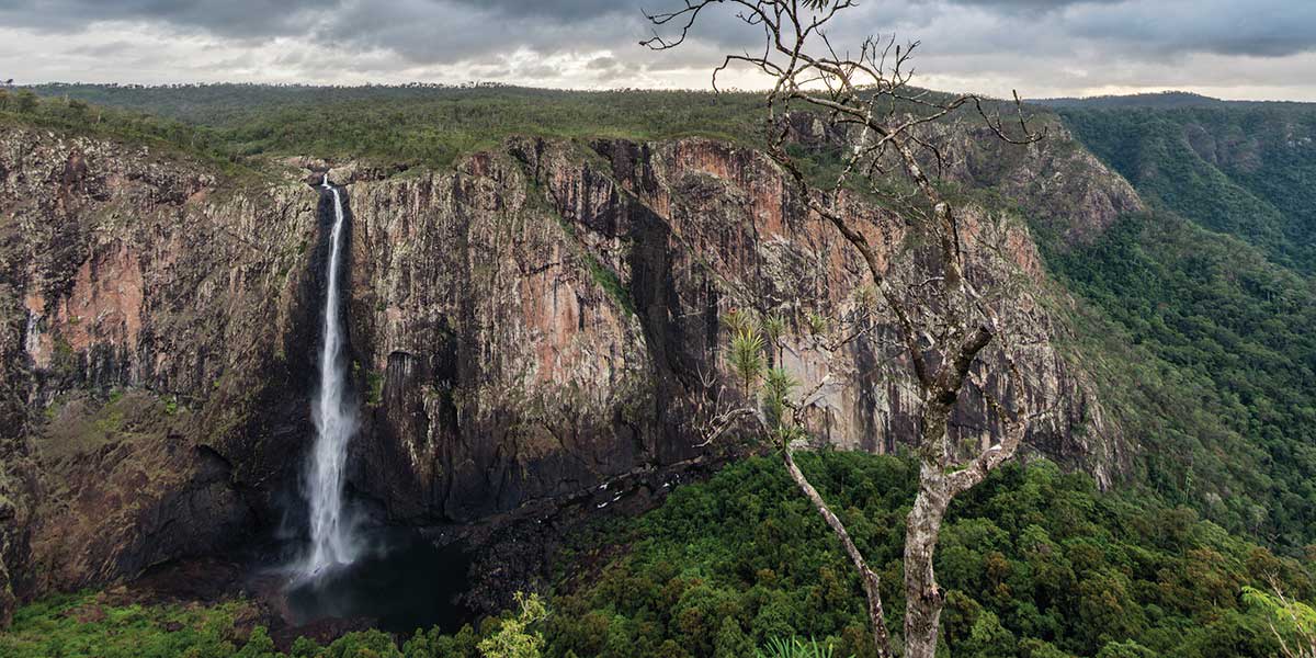 Stunning view of the Wallaman Falls in Townsville Queensland with lush forest around the falls