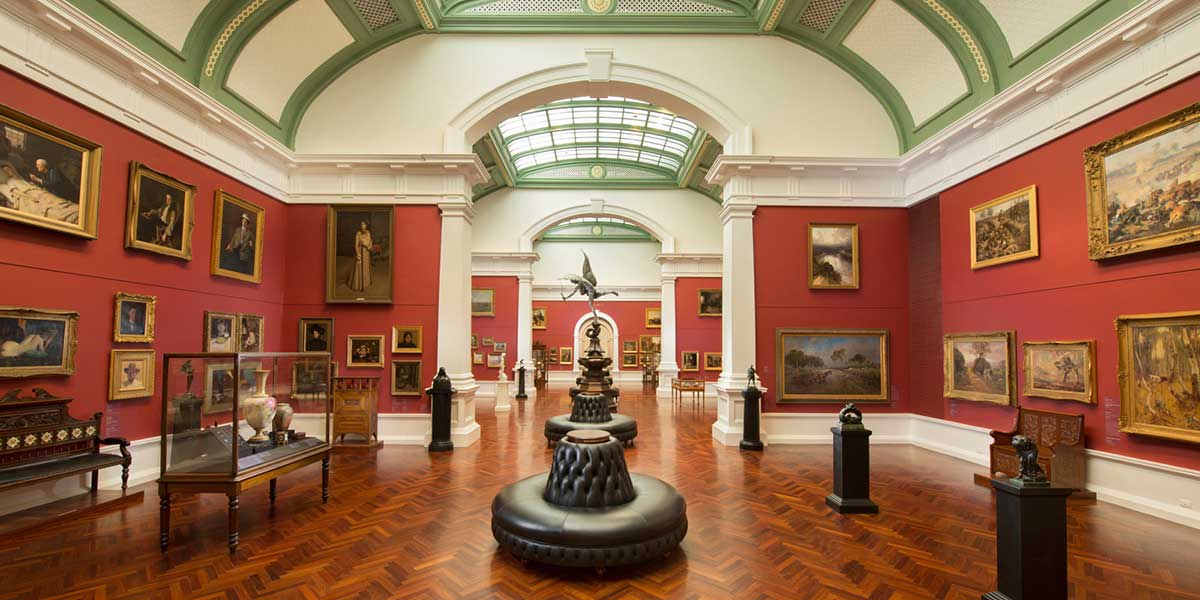 Inside the Art Gallery of South Australia with a diverse range of sculptures, paintings, photos, textiles, and jewellery from across Australia, Europe, North America and Asia.