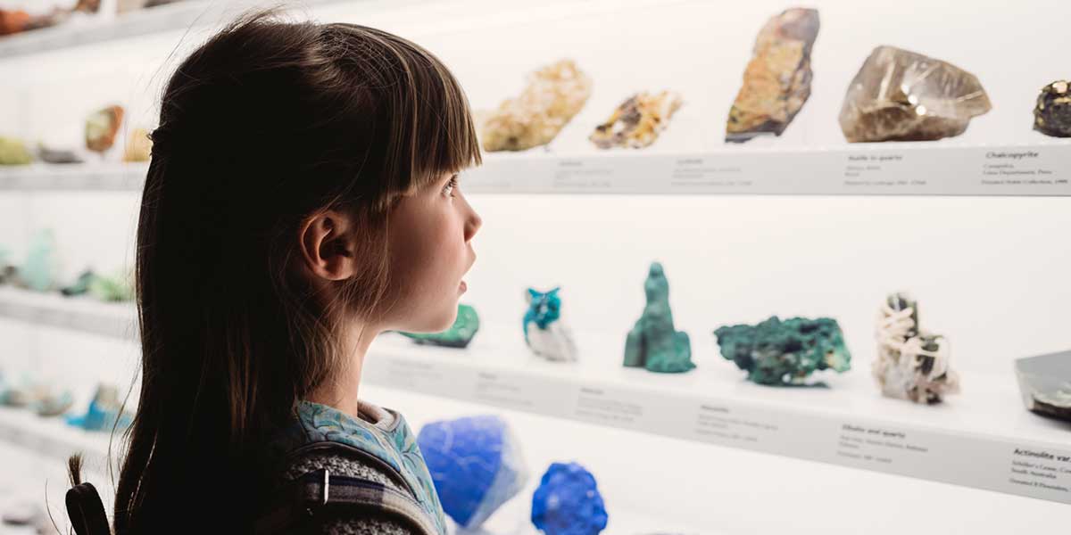 A kid observing the beautiful display of minerals at the South Australian Museum