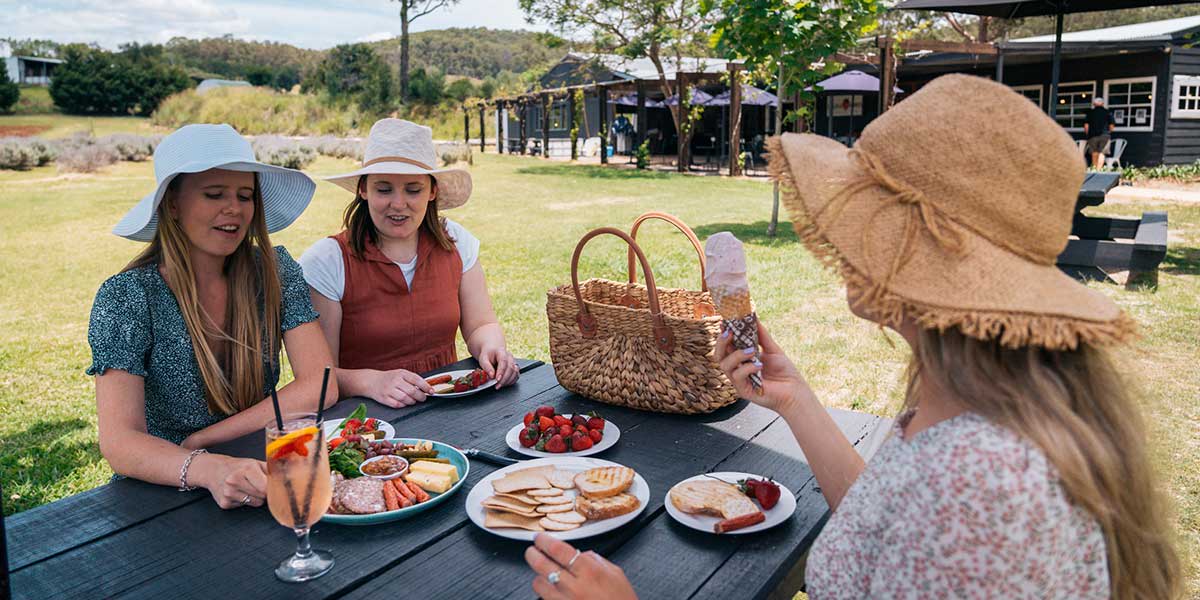 Sunshine Coast locals having picnic with strawberries and fruit drinks on the table at the farm of Cooloola Berries