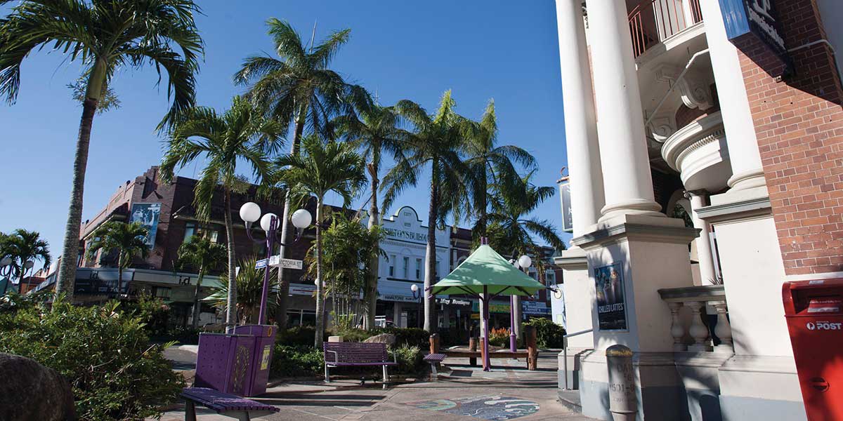 Outside view of Mackay Art Deco at Mackay's downtown in a sunny afternoon