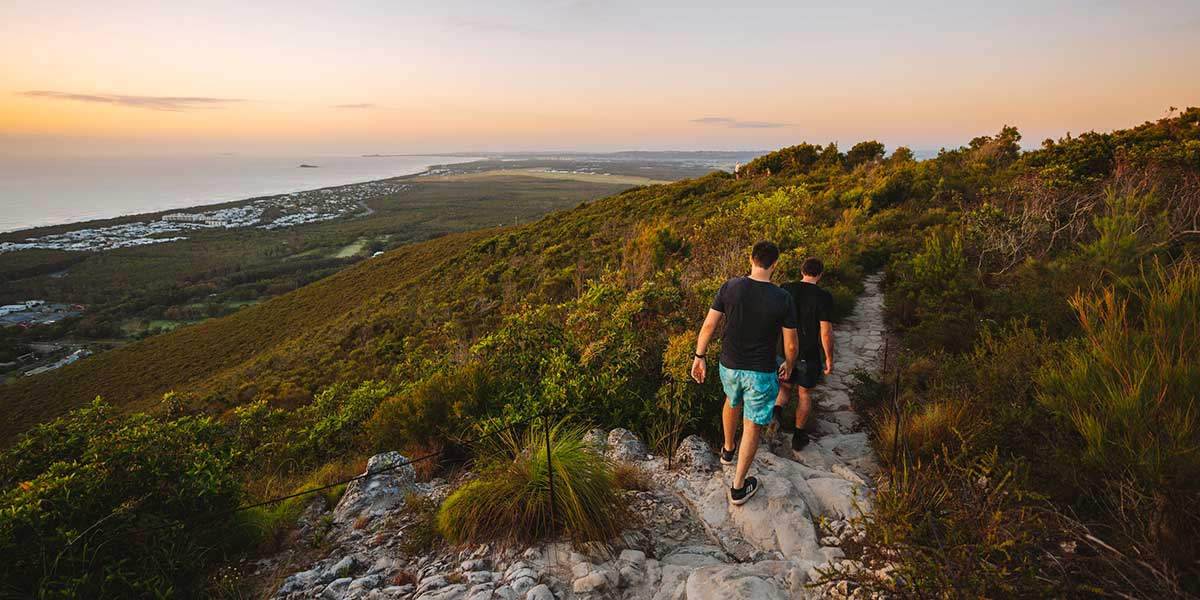 Hikers tracking Mount Coolum with spectacular views over the countryside and coast of Double Island Point to Caloundra