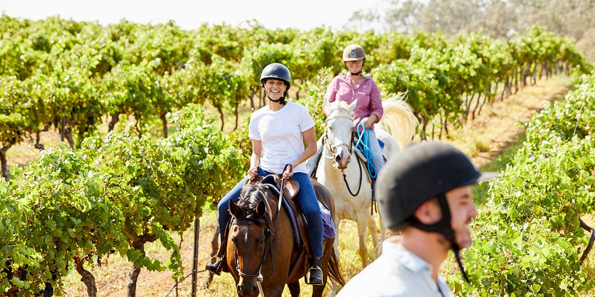 A family enjoys horseback riding at the scenic valleys and mountains of a 8,000-hectare property