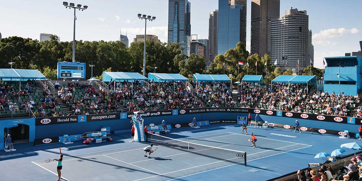 Australian Open Tennis field with Melbourne skyline