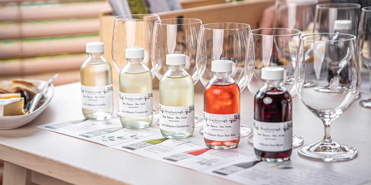 Different kinds of wines on a table at Scarborough Wine Hunter Valley