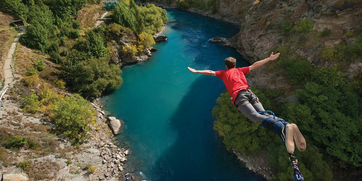 Bungy jumping from the 43 meters high Kawarau Bridge in Queenstown New Zealand