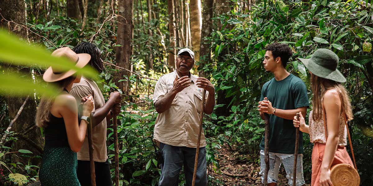 A local of Kuku Yalanji shares stories about the Mossman Gorge Centre's fascinating people, flora and fauna to the tourists