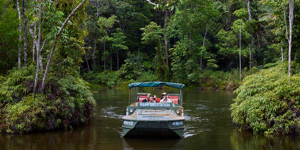 Tourists on a boat experiencing the beautiful wetlands of Kuranda at the Reforestation in Cairns