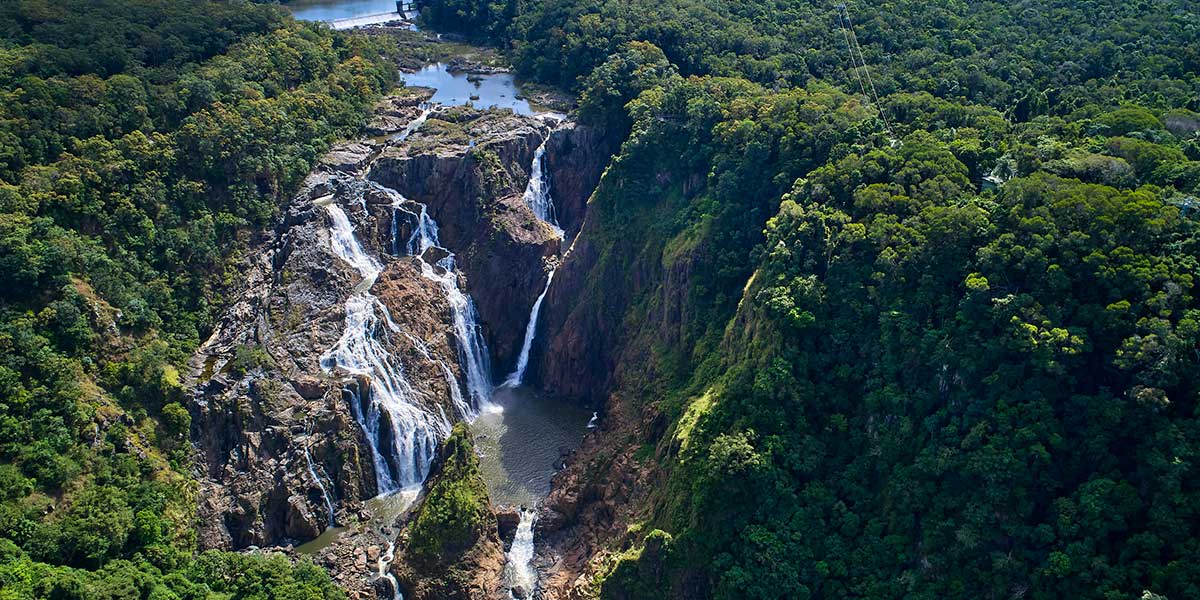 Stunning view of the Barron Falls with lush forest and waterfalls